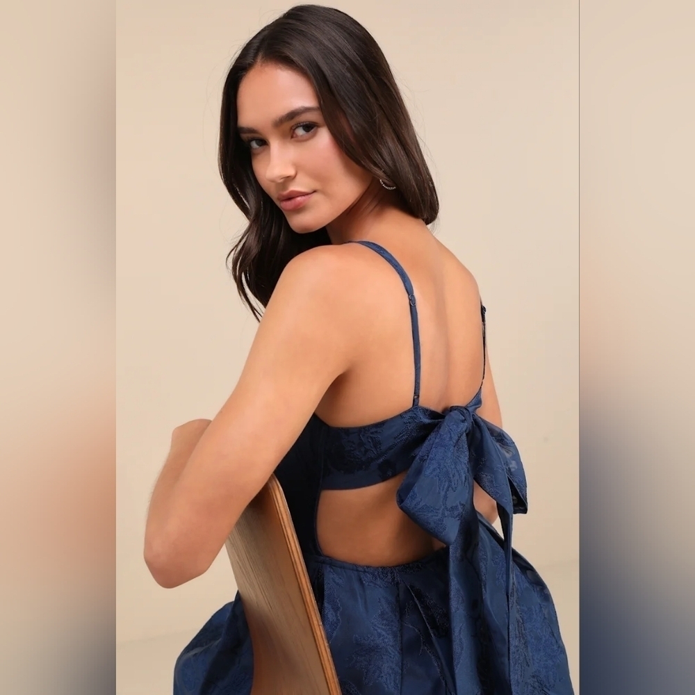 Lulus Perfected Aura Navy Jacquard Tie-Back Maxi Dress with Pockets Wedding Prom - Picture 4 of 11